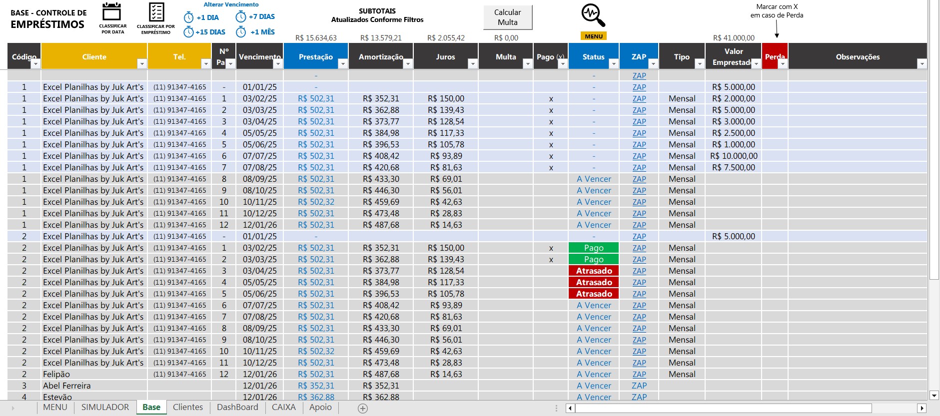 Base de controle de empréstimos com clientes, parcelas, juros, multas, status e link para WhatsApp.
