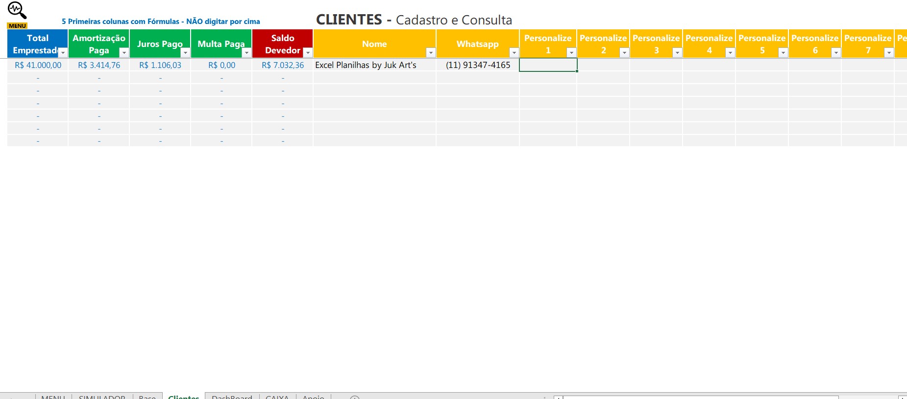 Tela de cadastro e consulta de clientes da planilha de controle de empréstimos.